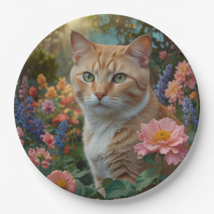 Prato De Papel Gato laranja branco bonito em jardim floral