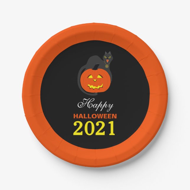 Prato De Papel Gato na Abóbora, Feliz Halloween (Frente)