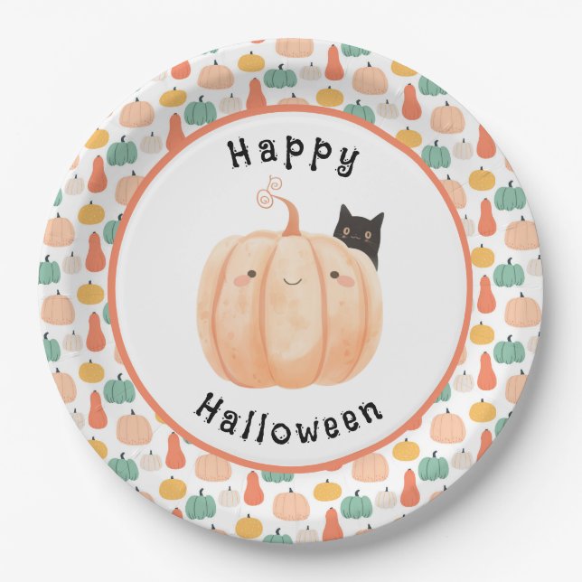 Prato De Papel Gato Negro Bonito Purgando sobre um Halloween de A (Frente)