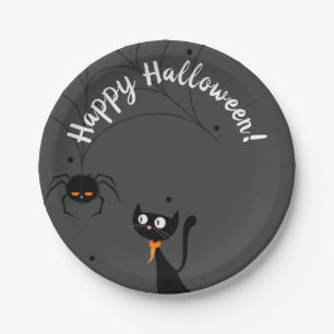 Prato De Papel Gato Negro e Halloween de Aranha