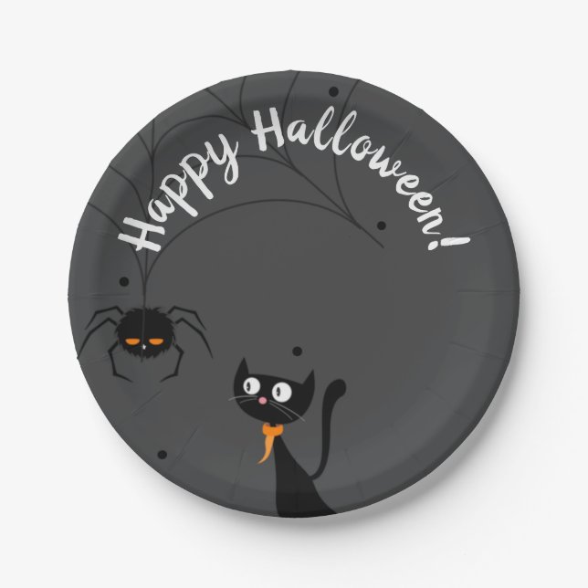 Prato De Papel Gato Negro e Halloween de Aranha (Frente)