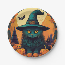 Prato De Papel Gato Negro num Chapéu de Bruxas