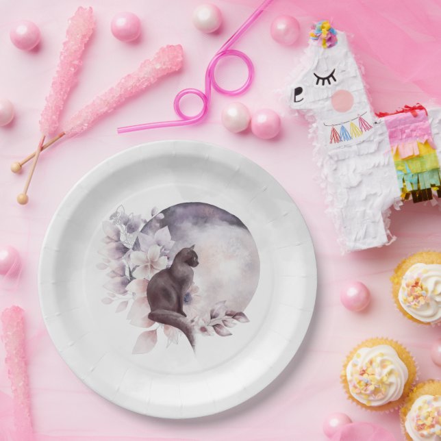 Prato De Papel Gato Negro por uma Lua Mágica Cheia (Festa)