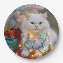 Gato Persa de Natal Emaranhado em Luzes de Festa