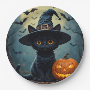 Prato De Papel Gato Preto Adorável Usando Chapéu de Bruxa