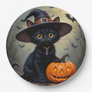 Prato De Papel Gato Preto Adorável Vestindo Chapéu de Bruxa