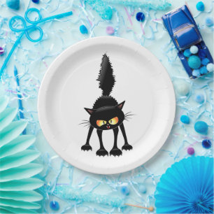 Prato De Papel Gato Preto Cartoon Engraçado e Feroz 