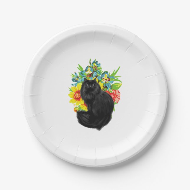 Prato De Papel gato preto com flor (Frente)