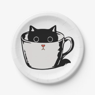 Prato De Papel Gato preto com nariz vermelho escondido em um copo