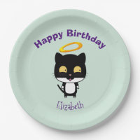 Gato Preto com Ouro Halo Cute Angel Birday