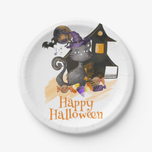 Prato De Papel Gato Preto de Aquarela com doces, Halloween