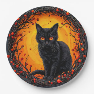 Prato De Papel Gato Preto de Halloween com Olhos Brilhantes