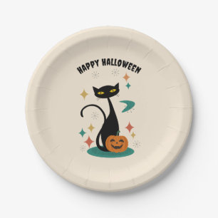 Prato De Papel Gato Preto de Halloween em Estilo de Meados do Séc