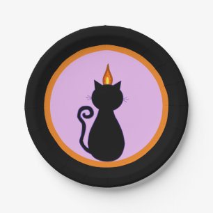 Prato De Papel Gato preto de Halloween em preto, violeta e laranj