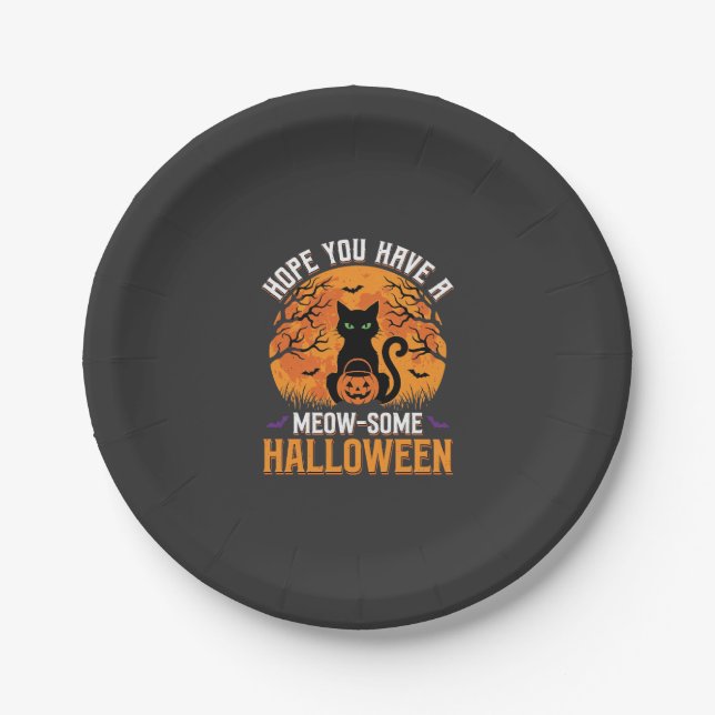 Prato De Papel Gato Preto de Halloween Meow-Some (Frente)
