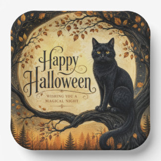 Prato De Papel Gato Preto do Dia das Bruxas Lua Cheia na Árvore