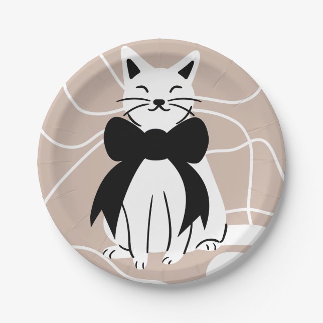Prato De Papel Gato preto e branco com linha abstrata (Frente)