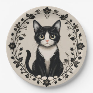 Prato De Papel Gato Preto e Branco Elegante
