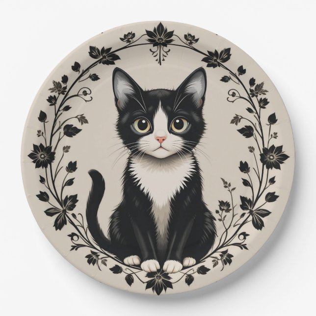 Prato De Papel Gato Preto e Branco Elegante (Frente)