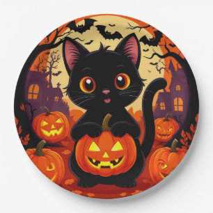 Prato De Papel Gato Preto Fofo com Abóboras de Halloween