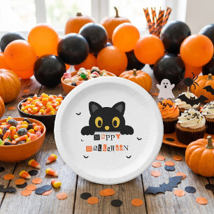 Prato De Papel Gato Preto Fofo de Halloween