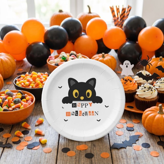 Prato De Papel Gato Preto Fofo de Halloween (Criador carregado)