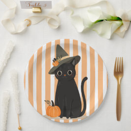 Prato De Papel Gato Preto Fofo de Halloween com Chapéu de Bruxa e