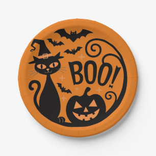 Prato De Papel Gato Preto Fofo e Papel de Festa de Halloween de A