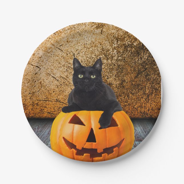 Prato De Papel Gato Preto Halloween Em Placas De Papel De Pumpkin (Frente)