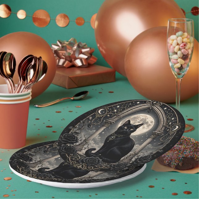 Prato De Papel Gato Preto Lua Cheia Gótica Romance Celestial Somb (Múltiplo)