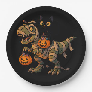 Prato De Papel Gato Preto Montando Múmia T-Rex – Dino Fofo de Hal