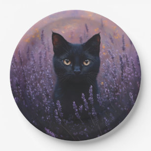Prato De Papel Gato Preto numa Ilustração de Campo de Lavanda