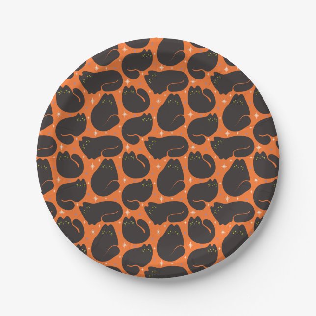Prato De Papel Gato Preto Retro em Laranja (Frente)