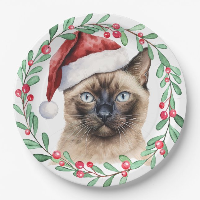 Prato De Papel Gato Siamês temático de Natal para Cat Lover (Frente)