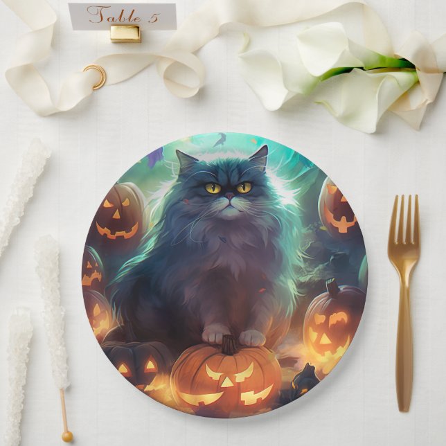 Prato De Papel Gato Siberiano De Halloween Com Pumpkins Assustado (Casamento)