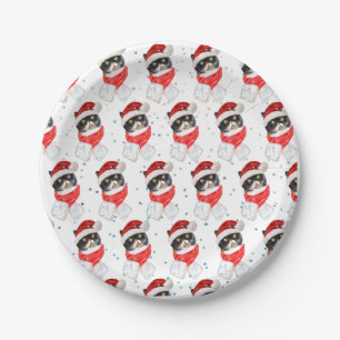 Prato De Papel Gato Tricolor de Natal Aquarela com Cachecol