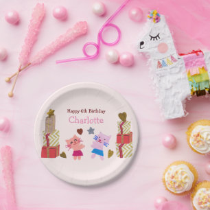 Prato De Papel Gatos Chic e Aniversário de criança Rosa de Presen