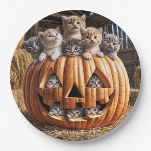 Prato De Papel Gatos em Abóbora de Halloween