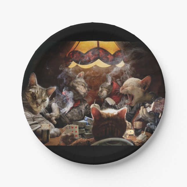 Prato De Papel Gatos jogando pôquer (Frente)