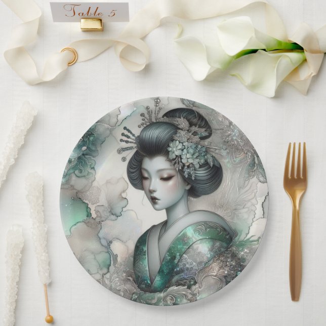 Prato De Papel Géisha em Série de Design Verde #2 (Casamento)