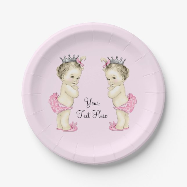 Prato De Papel Gêmeas Princesas Rosa Bebê Menina (Frente)