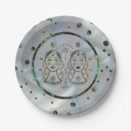 Prato De Papel Gemini Zodiac Dourado Abalone sobre constelação