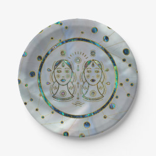 Prato De Papel Gemini Zodiac Dourado Abalone sobre constelação