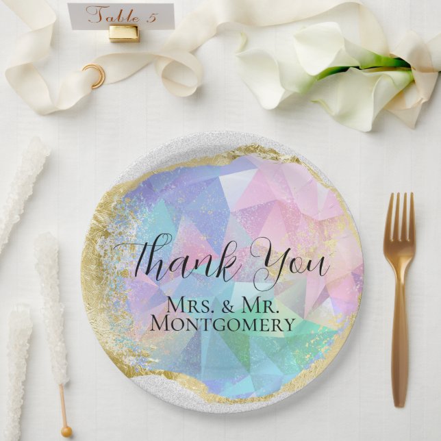 Prato De Papel Gemstone Opal Glamoroso com Dourado brilho branco (Casamento)