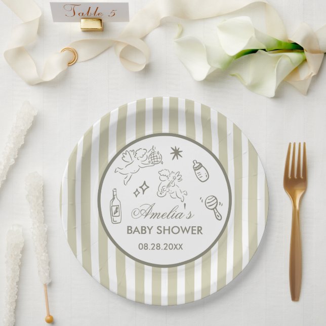 Prato De Papel Gender Neutral doodle cupid Baby Shower Green (Casamento)