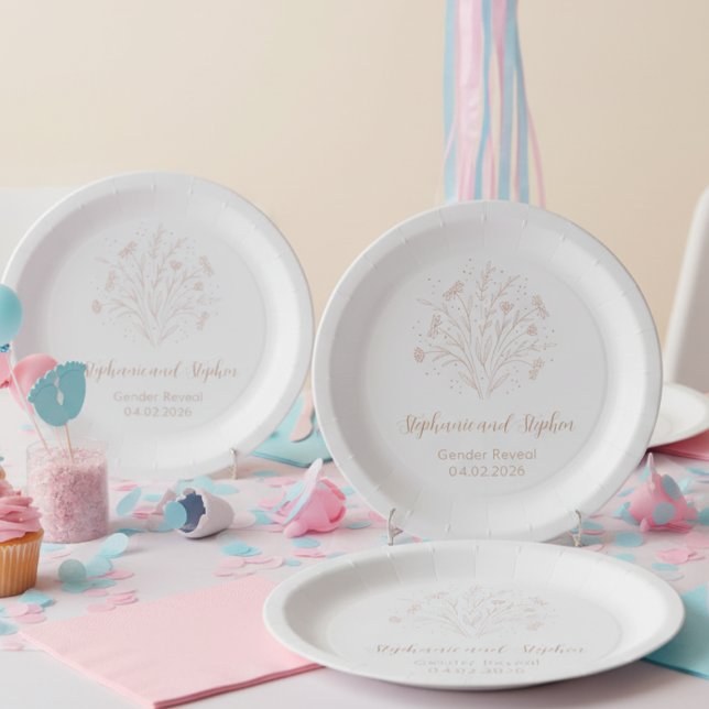 Prato De Papel Gender Reveal Paper Plate - Boho Floral (Gender reveal party paper plates)