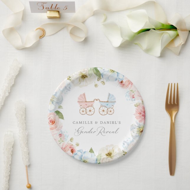 Prato De Papel Gênero Elegante Revelar Chá de fraldas Azul e Rosa (Casamento)