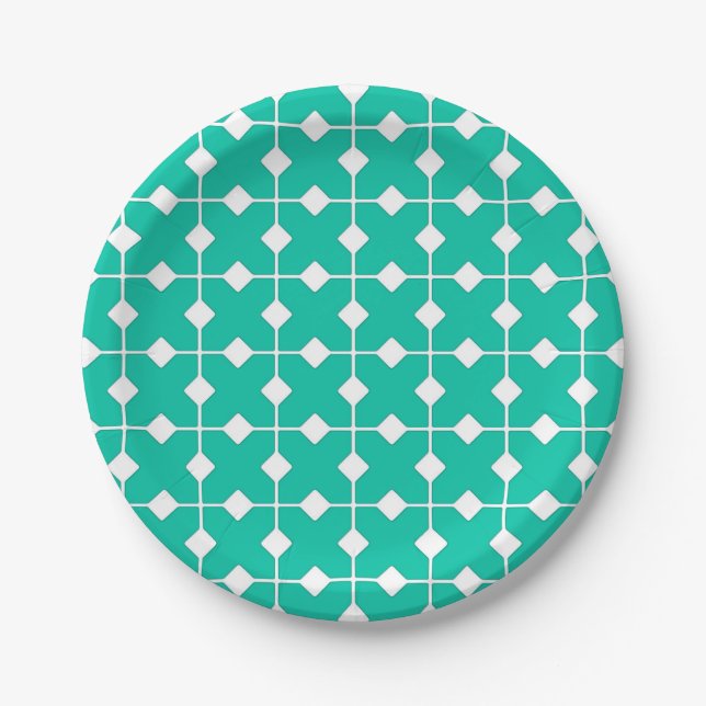 Prato De Papel Geométrico Moderno, Ouros - Turquesa e Branco (Frente)