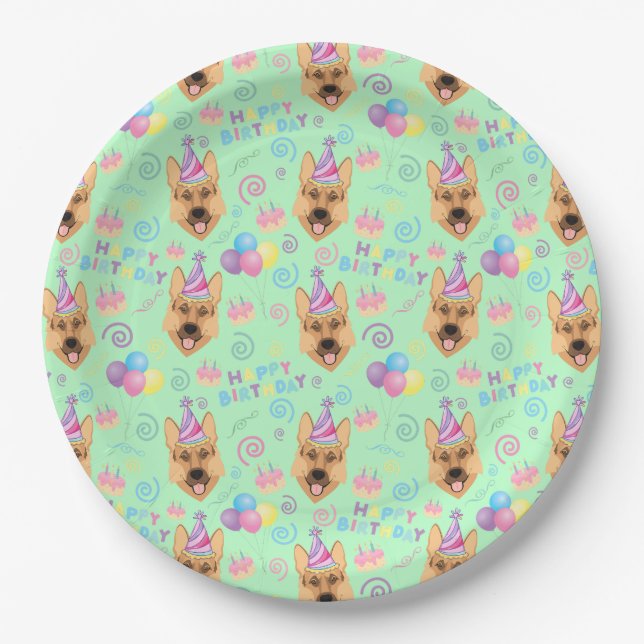 Prato De Papel German Shepherd Birthday Party Paper Plates Green (Frente)