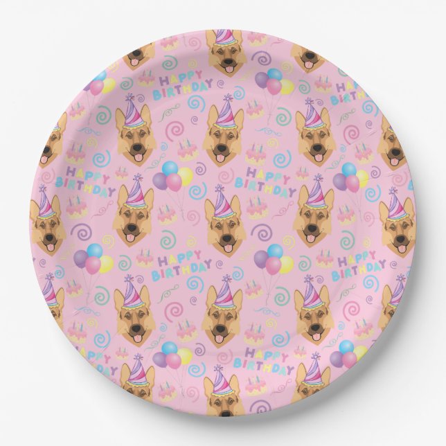 Prato De Papel German Shepherd Birthday Party Paper Plates Pink (Frente)